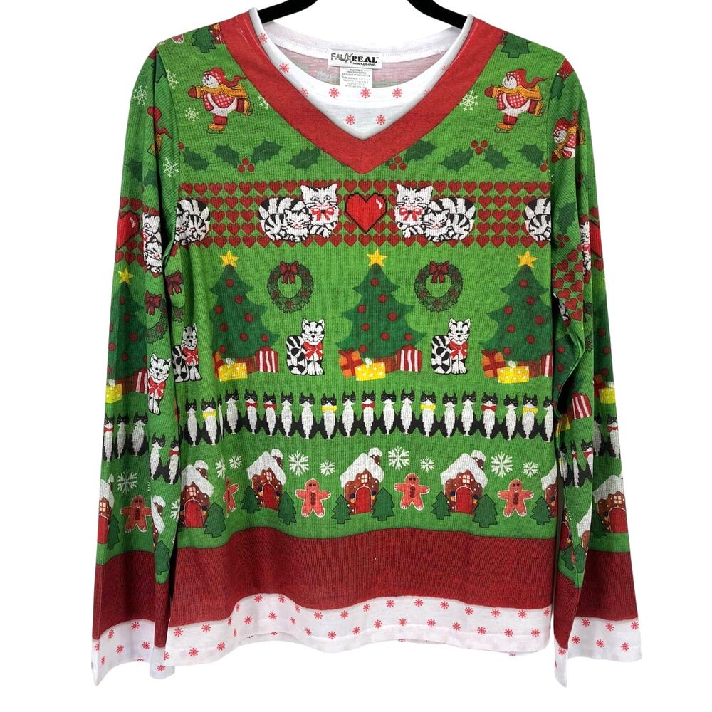 Faux Real Cat Lover Snowman Photo Ugly Christmas Print Shirt Womens Sz XL